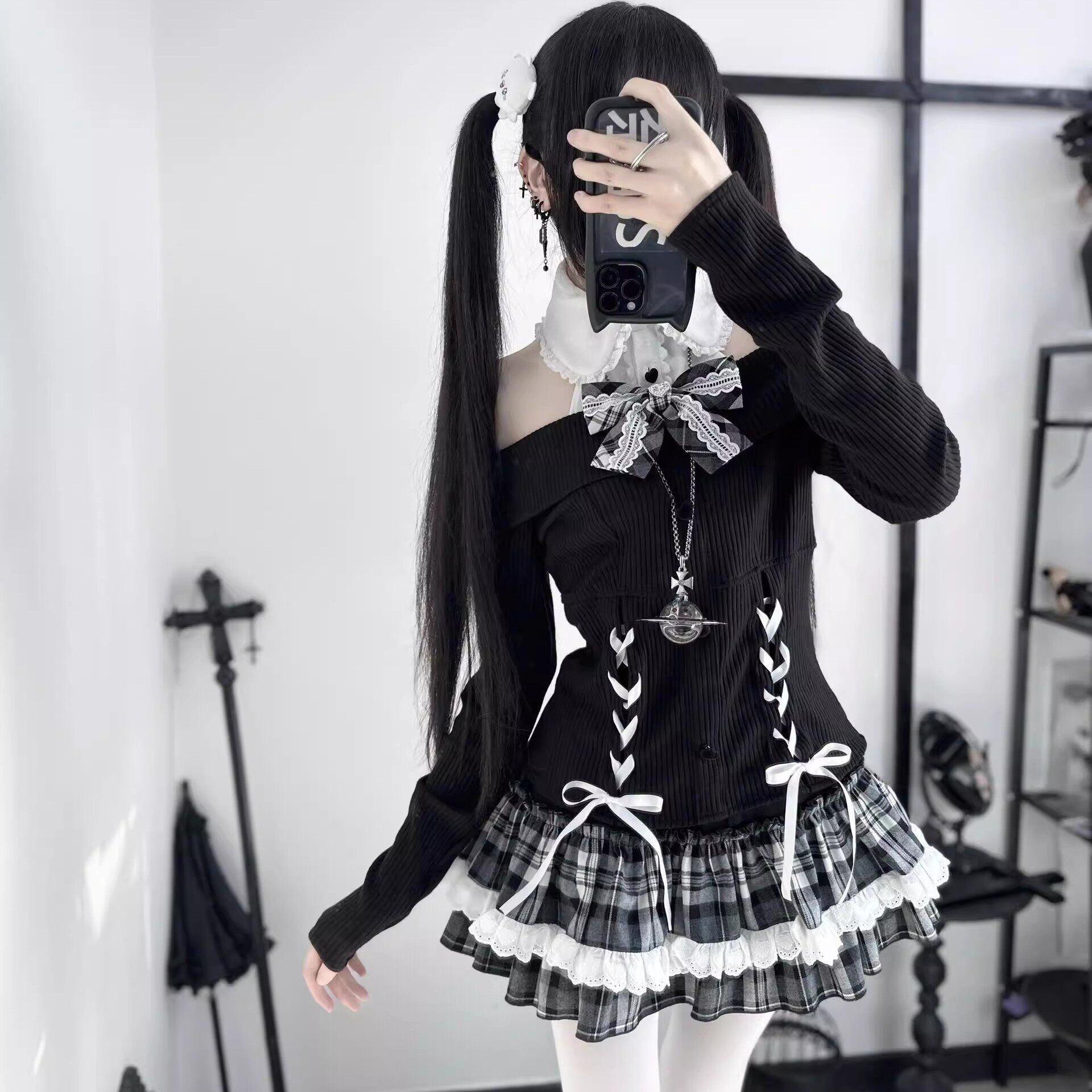 日单日系蕾系量产型蕾服蝴蝶结露肩打底衫Lizlisa风格SC格子短裙