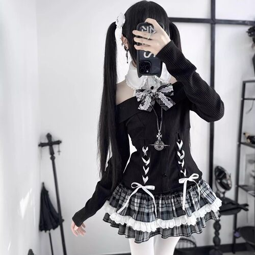 日单日系蕾系量产型蕾服蝴蝶结露肩打底衫Lizlisa风格SC格子短裙