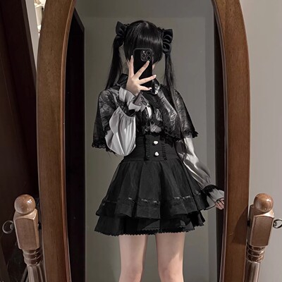 日单蕾系量产型日系春夏蕾服rojita风格甜美蕾丝披风长袖衬衫短裙