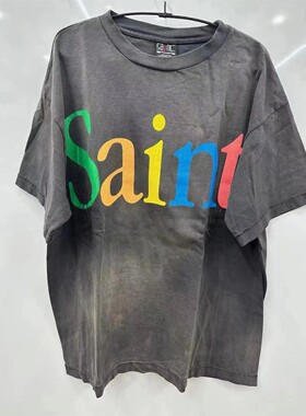 Saint Michael复古做旧涂鸦彩绘拉裂字母印花T恤短袖男女潮牌