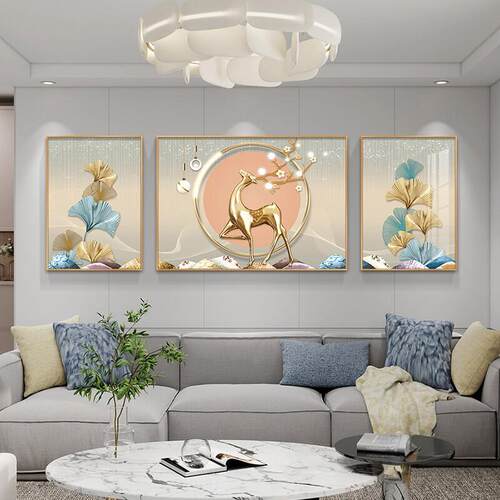 轻奢客厅装饰画沙发背景墙三联画现代简约餐厅壁画麋鹿高级感挂画