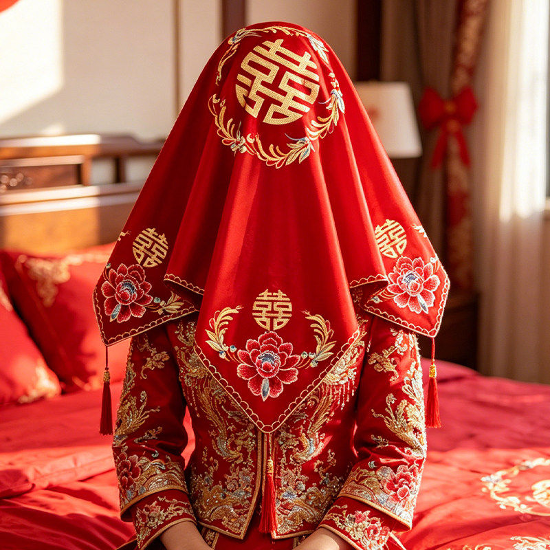 红盖头高档刺绣结婚新娘秀禾服中式婚礼红色蒙头陪嫁头饰婚庆用品
