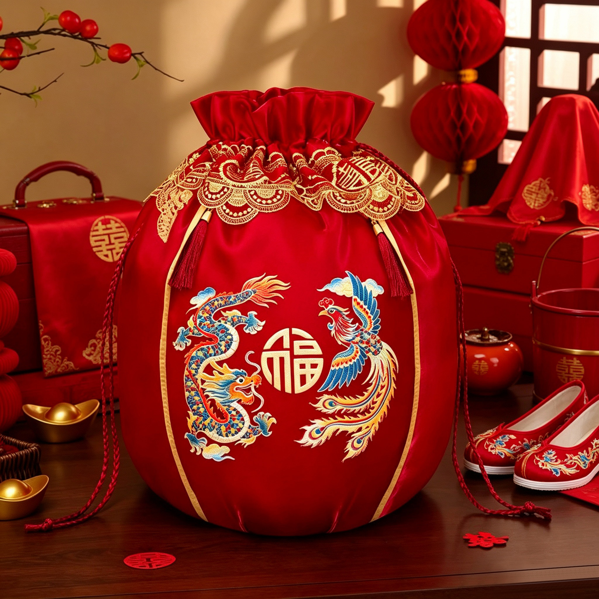 结婚聚宝盆袋烫画喜盆红色包裹布新娘女方娘家陪嫁包袱皮婚庆用品