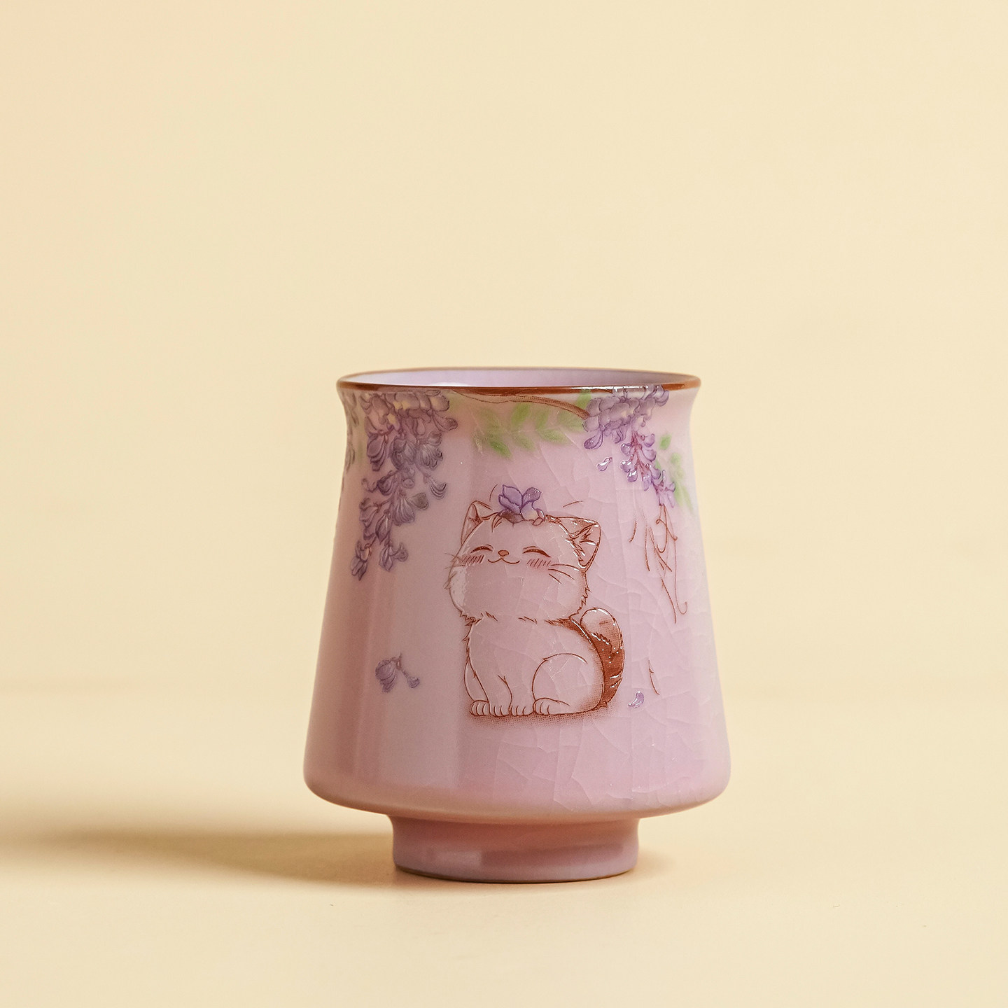 粉汝窑紫藤猫咪主人杯茶杯女士个人专用陶瓷品茗杯子单杯功夫茶具