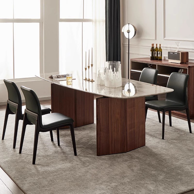 极简黑胡桃木实木餐桌大理石面长桌椅组合家用西餐厅吃饭原木桌子