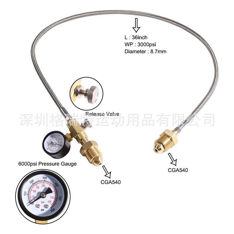 氮气氦气36英寸不锈钢编织管CGA580/CGA540接头带压力表