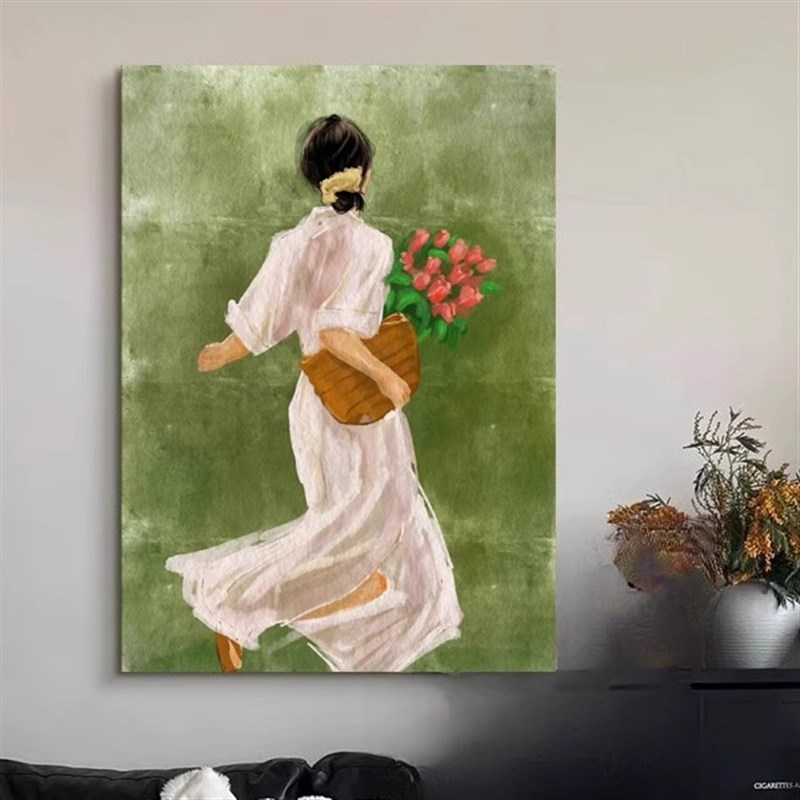 中古风美式无框装饰画花季少女人物玄关绿色复古挂画卧室沙发背景图片