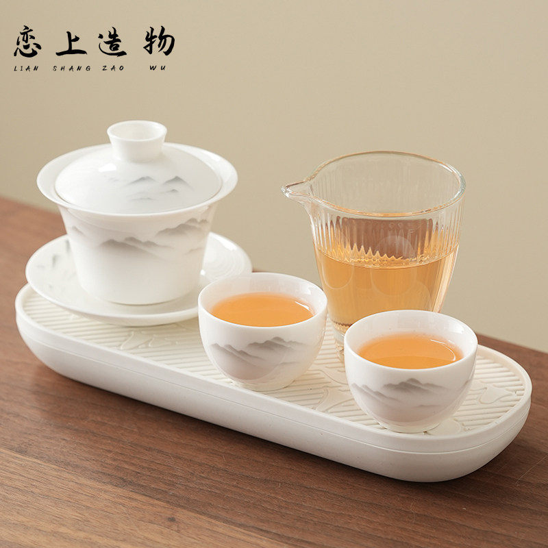 德化羊脂玉白瓷功夫茶具套装家用一两人饮宿舍酒店盖碗泡茶杯专用
