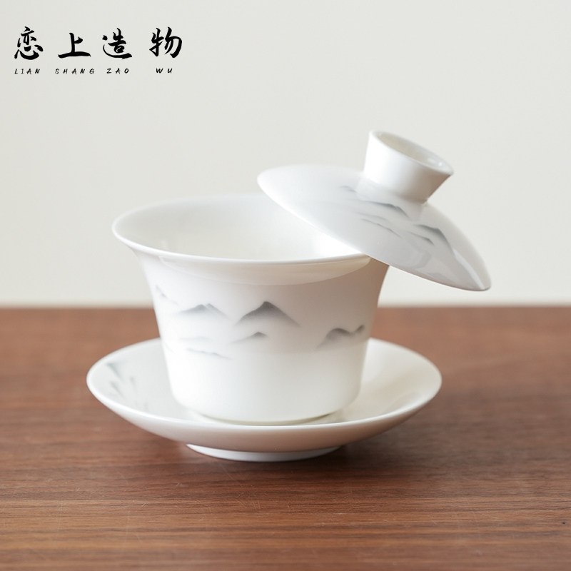 德化羊脂玉白瓷悬停三才盖碗茶杯带盖不烫手陶瓷茶具功夫小泡茶碗