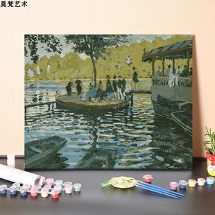 数字油画diy填充手工世界名画莫奈蛙塘风景填色画画丙烯画油彩画