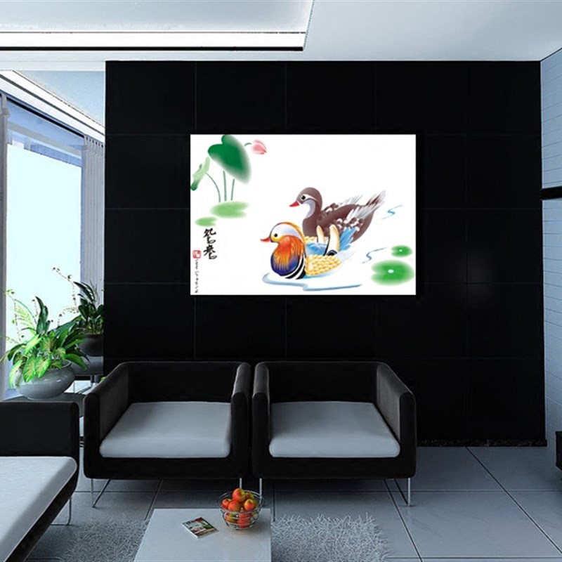鸳鸯戏水无框画婚房壁画荷花装饰画简约客厅挂画卧室现代玄关墙画图片