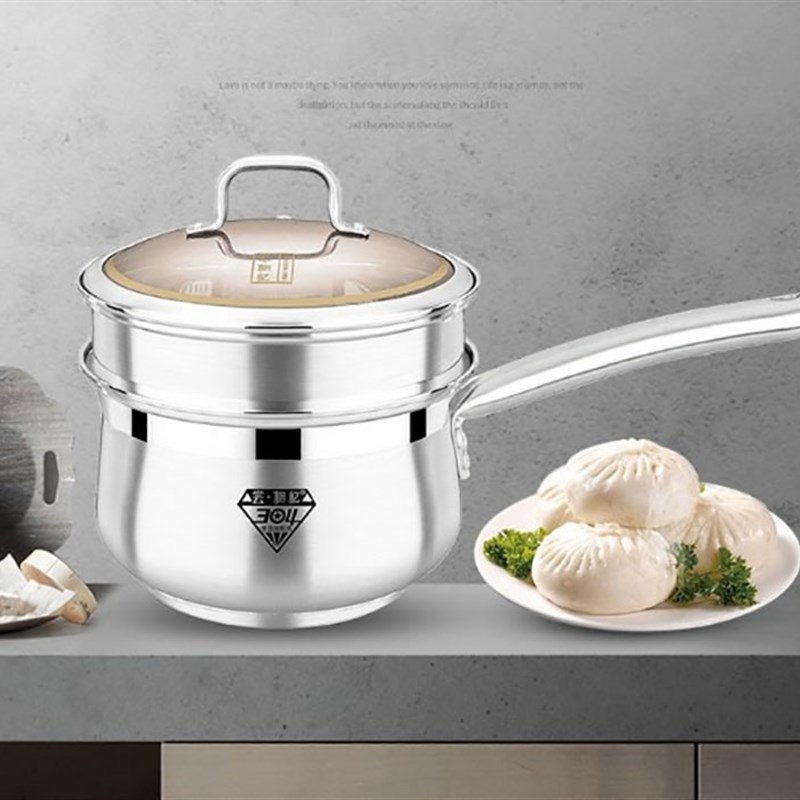 海发尝相忆单柄304不锈钢宝宝辅食蒸汤锅双层底小蒸屉1618 奶锅