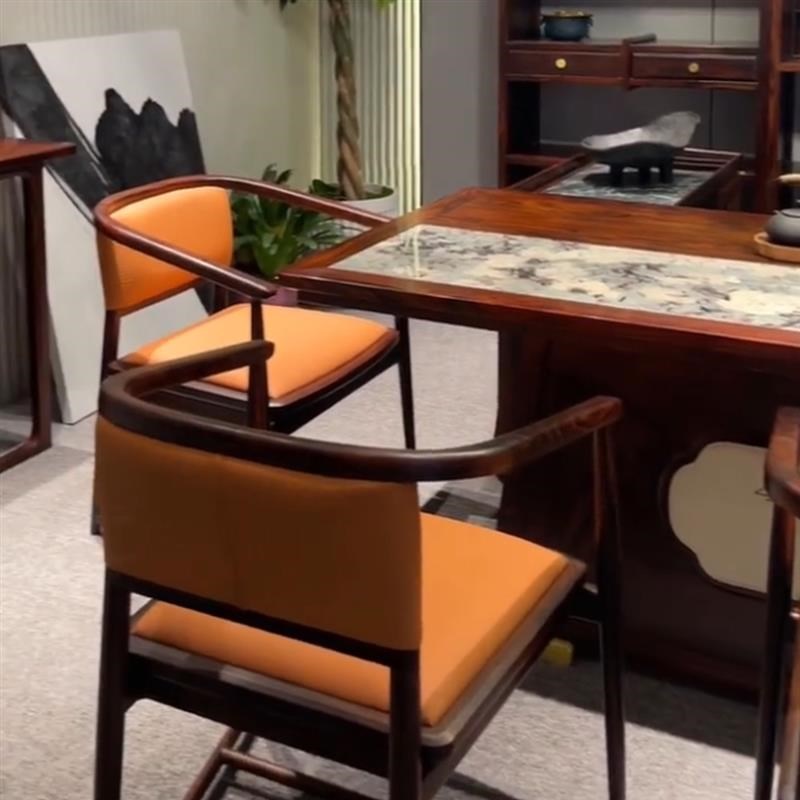 实木新中式岩板茶桌椅组合办公家用禅意乌金木现代简约阳台泡茶桌