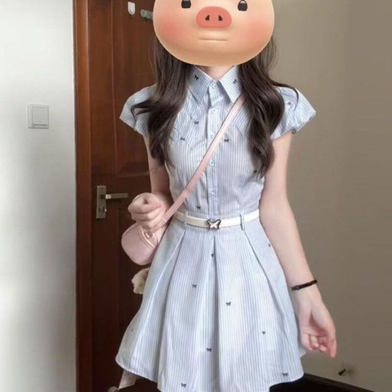 韩系穿搭夏季2026新款小个子蓝色条纹衬衫连衣裙子女气质收腰短裙