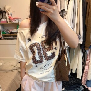 220克92%棉8%氨纶美式辣妹斜肩字母印花短袖T恤女