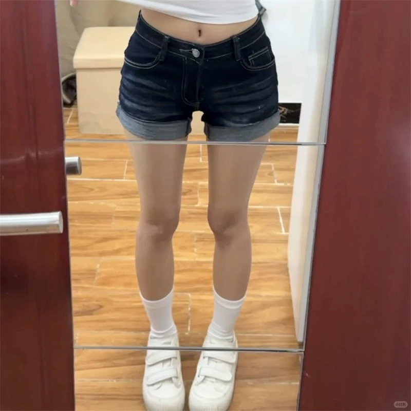 小个子辣妹高腰显瘦牛仔超短裤女夏季新款深蓝色设计感卷边热裤子