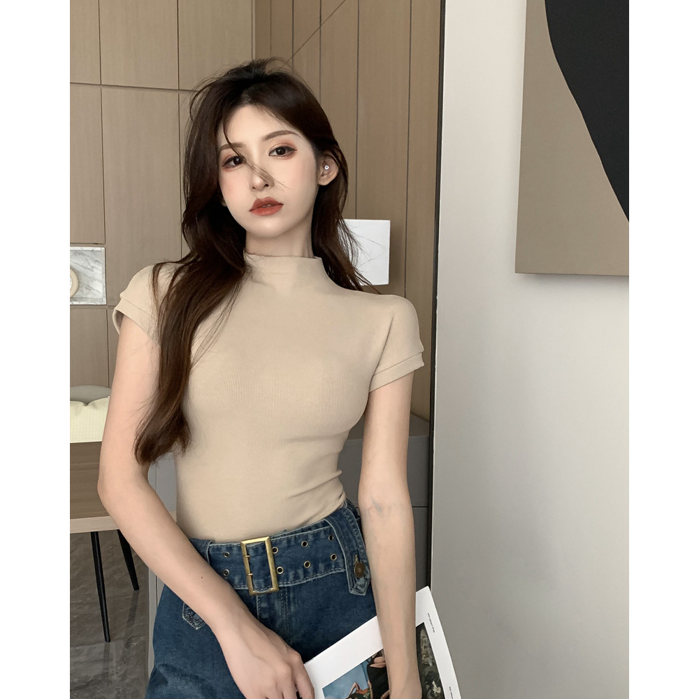 实拍实价纯欲风螺纹棉修身显瘦半高领短款短袖T恤ins显胸打底上衣