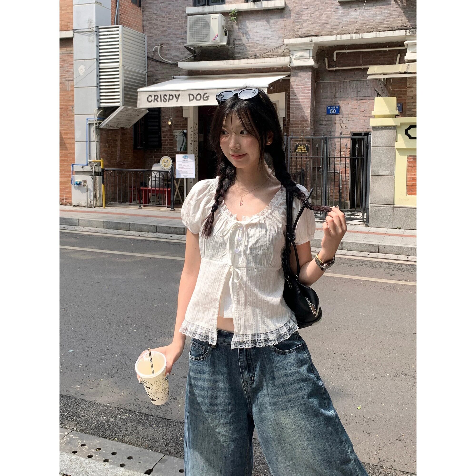 甜美风蕾丝边绑带短袖衬衫女2026夏季新款洋气小衫显瘦别致上衣