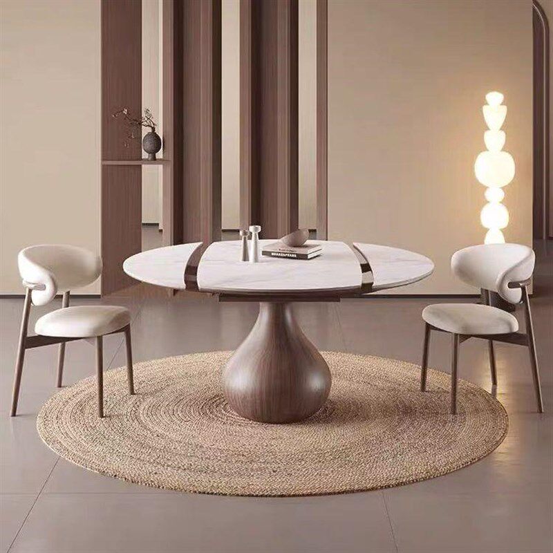 复古实木伸缩餐桌古风岩板家用现代简约小户型折叠两用圆桌饭桌子