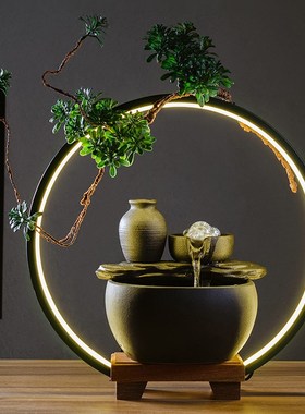 陶瓷玻璃创意灯圈流水循环摆件喷泉办公室客厅招财玄关水景鱼缸