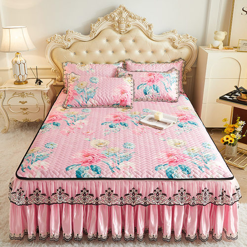 欧式夏季加厚床裙款冰丝凉席三件套可拆洗防滑夹棉床罩空调软席子