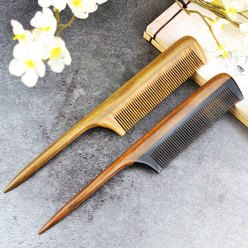 檀木梳子密齿女家用造型美发牛角梳儿童分发线挑发打毛牛角尖尾梳