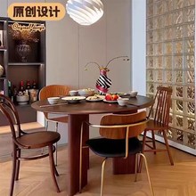 中古风家用圆形餐桌法式复古设计师实木圆桌小户型胡桃木实木饭桌