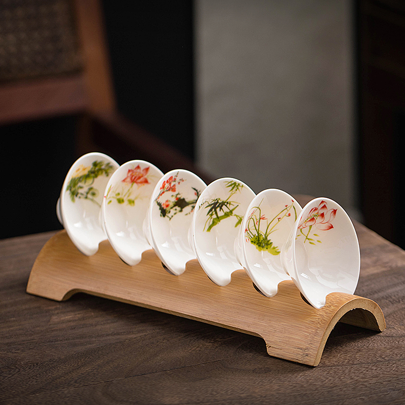 彩色青花瓷茶杯6只装斗笠杯套装功夫茶具品茗杯大号带杯架陶瓷