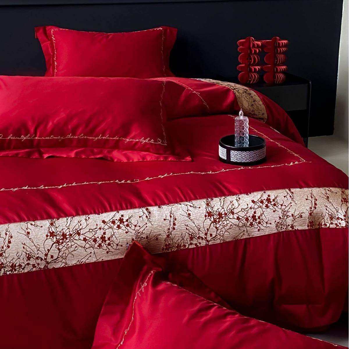 素色国风婚庆款大气提花面料贡缎长绒棉结婚用品四件套