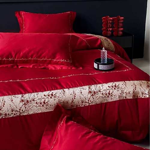 素色国风婚庆款大气提花面料贡缎长绒棉结婚用品四件套