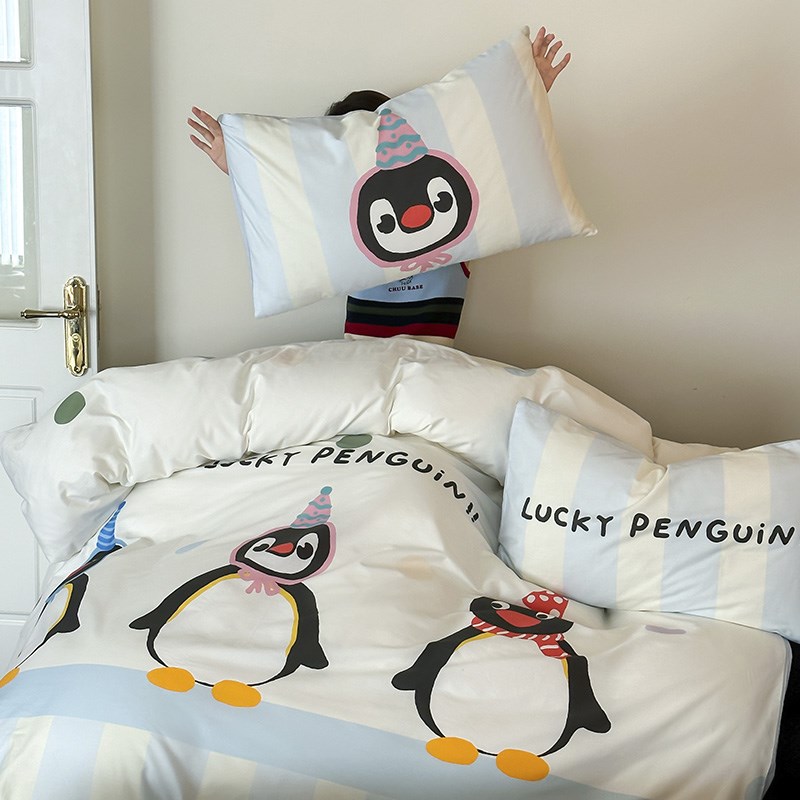 pingu企鹅卡皮巴拉全棉学生三件套四件套ins卡通床单床笠寝室床品