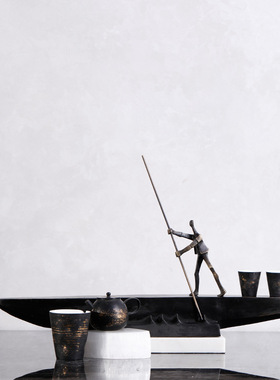 新中式复古陶罐花瓶玄关客厅办公室创意家居渡船人物雕塑摆件组合