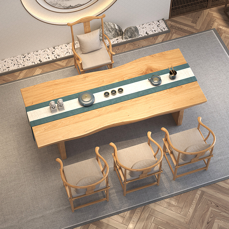 新中式泡茶桌椅组合实木大板茶桌原木色茶桌客厅家用泡茶桌椅茶几