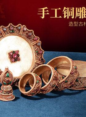 尼泊尔手工掐丝曼扎盘宝石镶嵌曼茶罗盘室内家用曼达盘桌面摆件