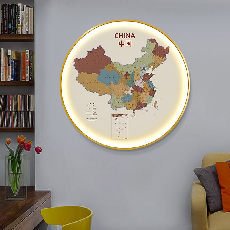 世界地图中国灯画办公室玄关书房圆形装饰画客厅过道会议室墙壁画图片