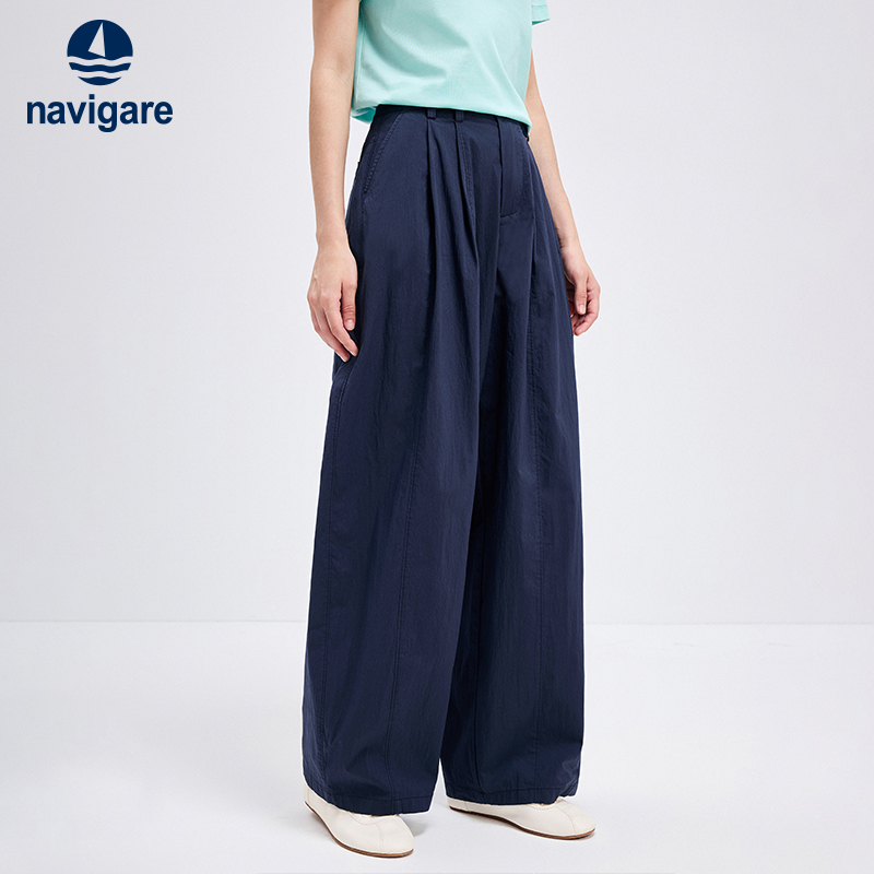 Navigare意大利小帆船蓝色休闲长裤女新款阔腿裤设计感宽松裤子
