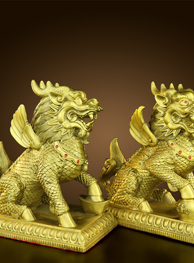 铜麒麟摆件一对纯铜招財麒麟客厅店铺办公室家居装饰品开业送礼品