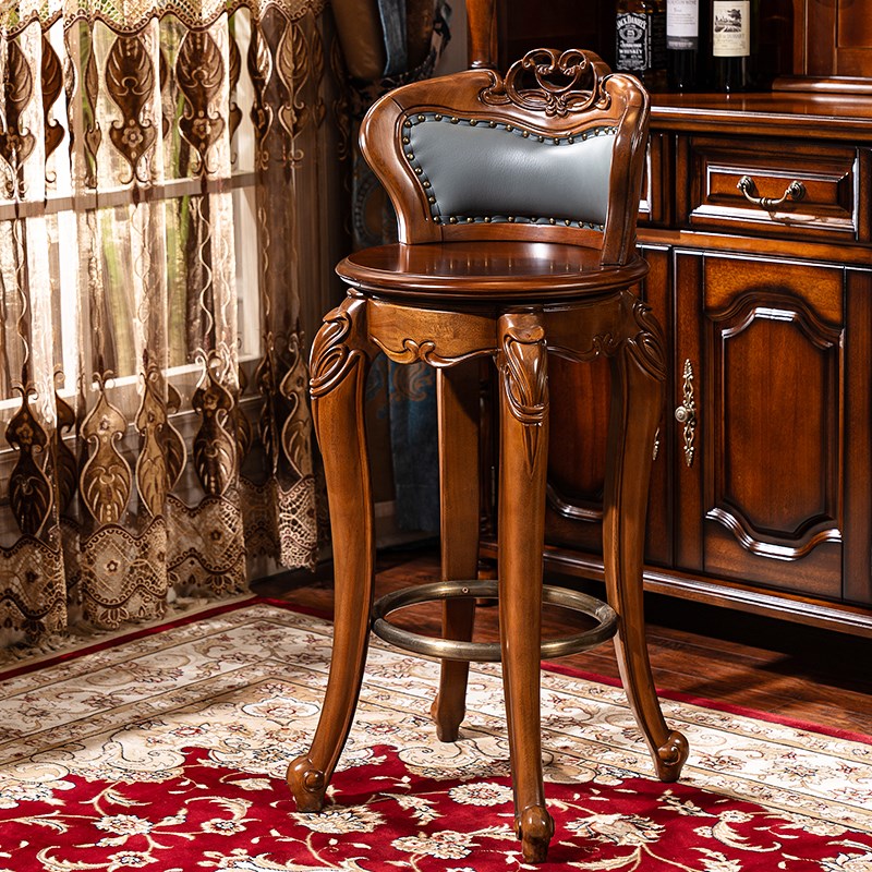 美式全实木吧台椅家用高脚凳欧式复古靠背椅复古酒吧椅