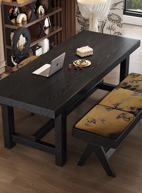 岚鸿侘寂风实木大板桌黑色餐桌长方形泡茶桌法式餐桌客厅办公桌
