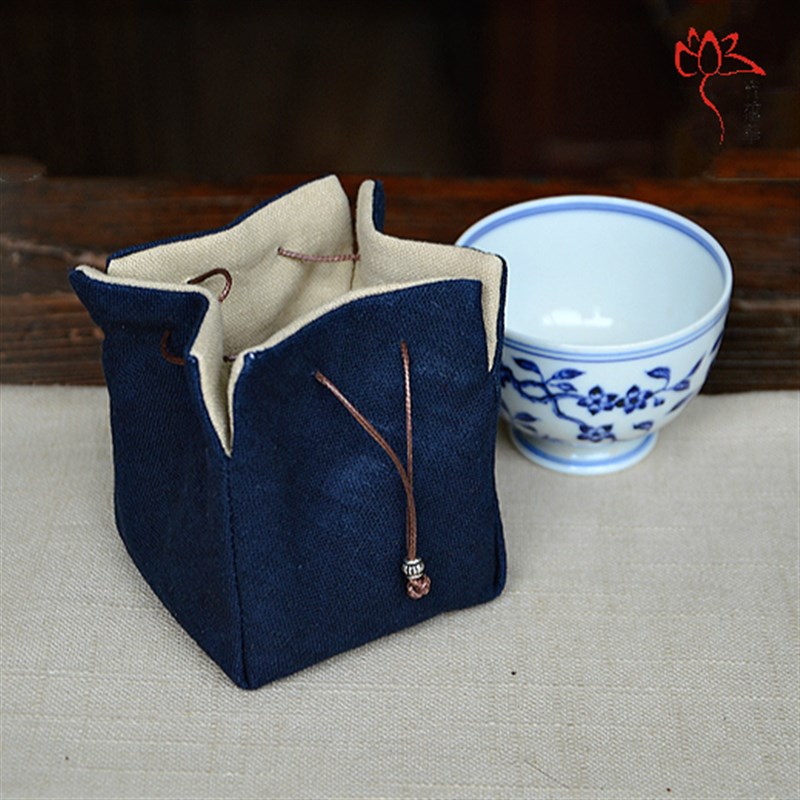 手工素色棉麻个人杯布袋 便携袋 茶杯包 茶杯袋子收纳旅行茶具包