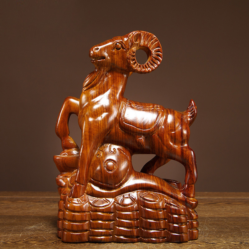 花梨木雕生肖如意羊摆件实木动物雕刻工艺品家居客厅办公室装饰品