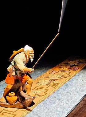 中式园艺茶宠姜太公钓鱼陶瓷人物摆件渔夫钓鱼园林鱼缸石湾公仔