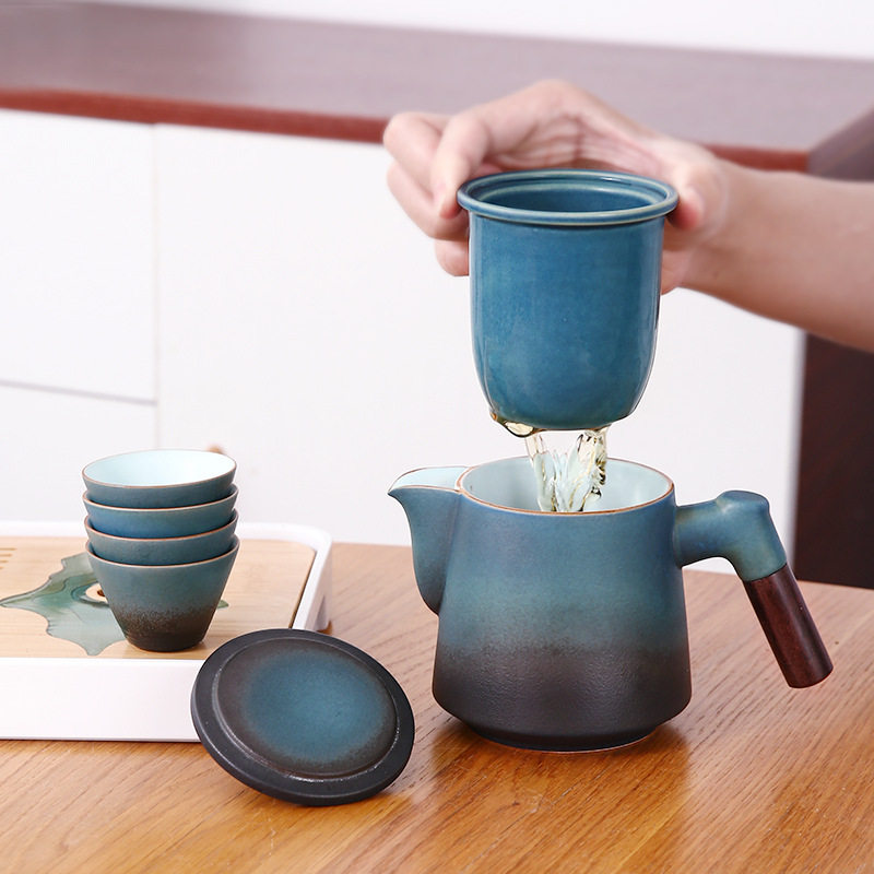 快客杯一壶四杯旅行茶具套装便携粗陶泡茶杯茶水分离过滤陶瓷杯子