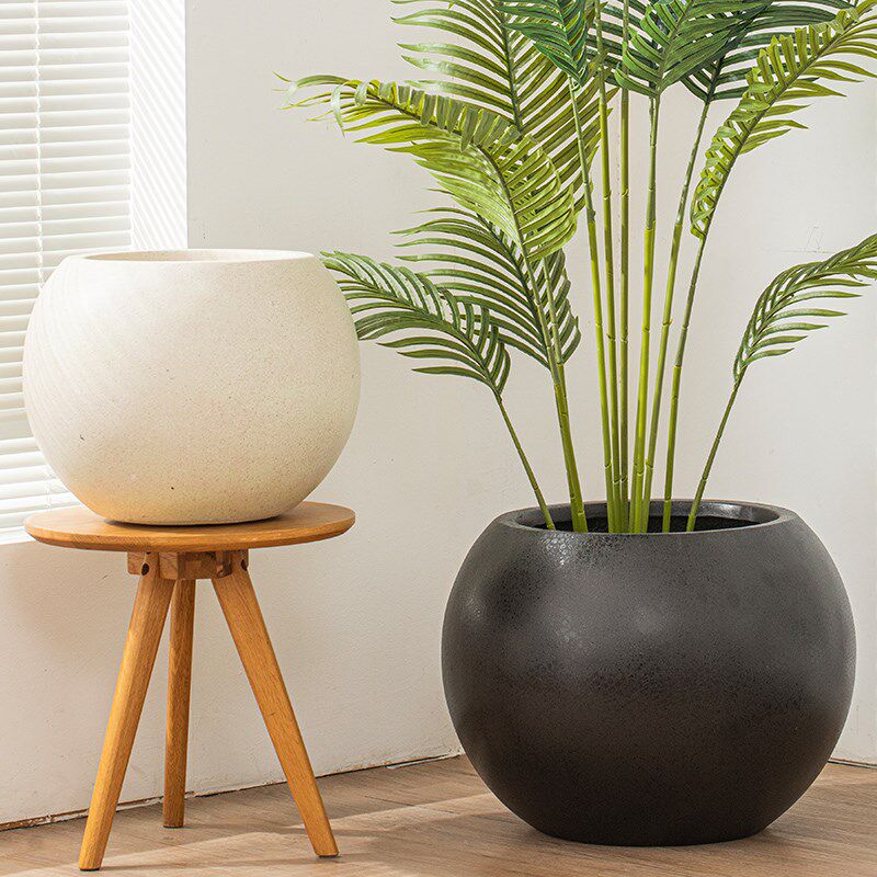 大口径镁泥落地大花盆极简圆球型软装大花器客厅民宿商场别墅摆