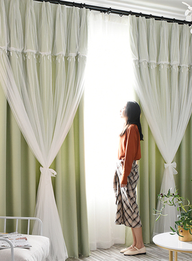 小清新绿色卧室窗帘遮光布料儿童房女孩双层带纱客厅田园简约婚房