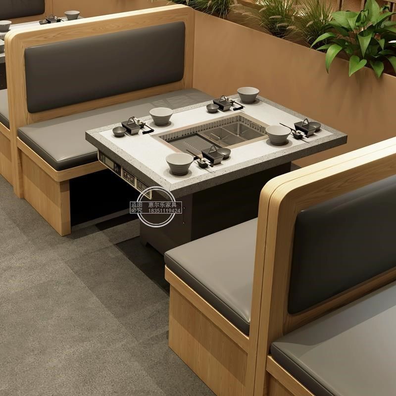 自助无烟烤涮一体桌大理石电磁炉火锅桌烧烤桌烤肉店桌椅组合商用