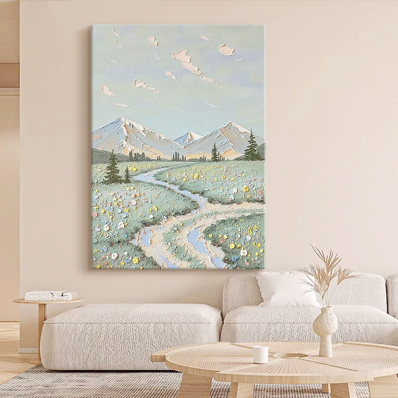 高山流水风景玄关肌理挂画奶油风纯手绘油画客厅石英砂丙烯装饰画图片