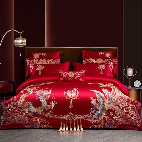 高端中式200S长绒棉结婚四件套红色重工刺绣龙凤被套婚庆床上用品