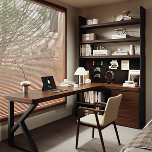 实木转角书桌书架书柜一体办公桌家用靠墙书房 L写字桌拐角电脑桌
