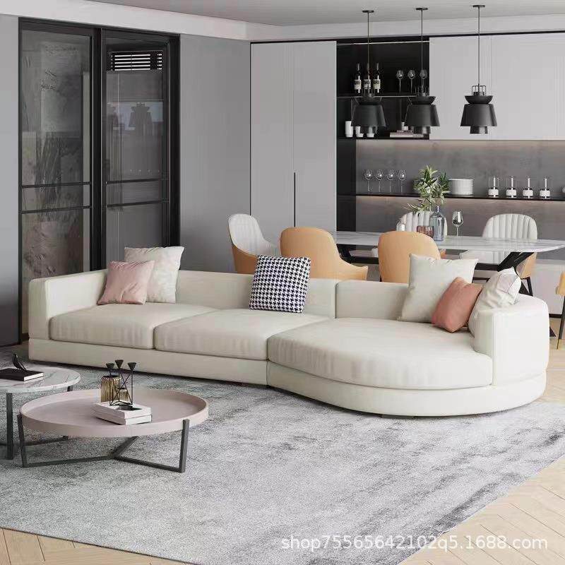 奶油风科技布沙发客厅小户型直排现代简约组合棉麻布圆弧形沙发